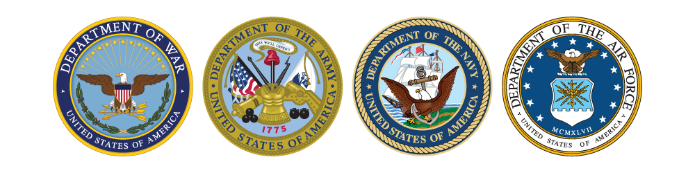 The official Seals of the Department of War, Army, Navy, and Air Force